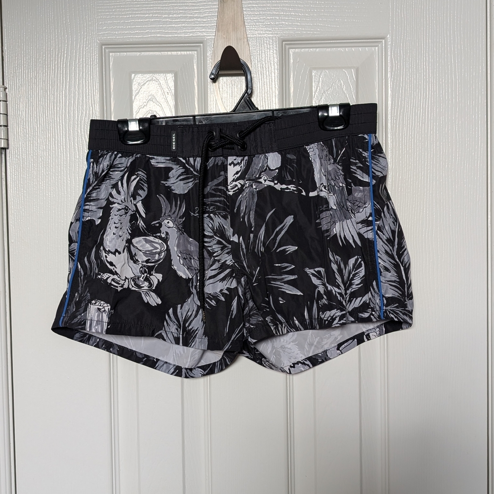 Diesel Black and Gray Men's Swim Trunks with Tropical Design